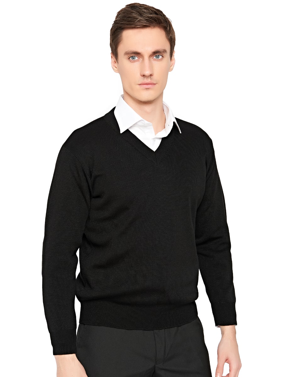 Schwarzer V-Ausschnitt-Strickpullover mit langen Ärmeln