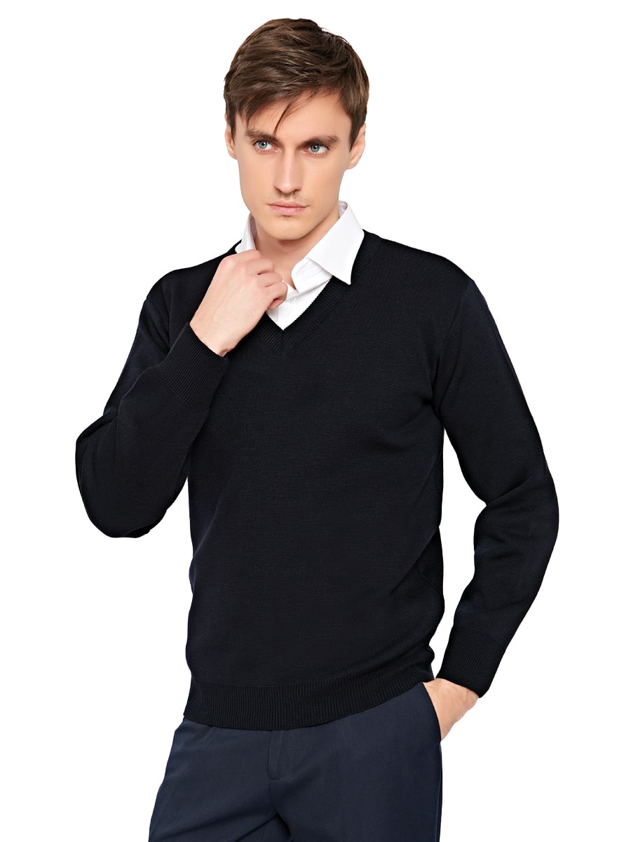 Dunkelblauer Pullover mit V-Ausschnitt und Hemdkragen