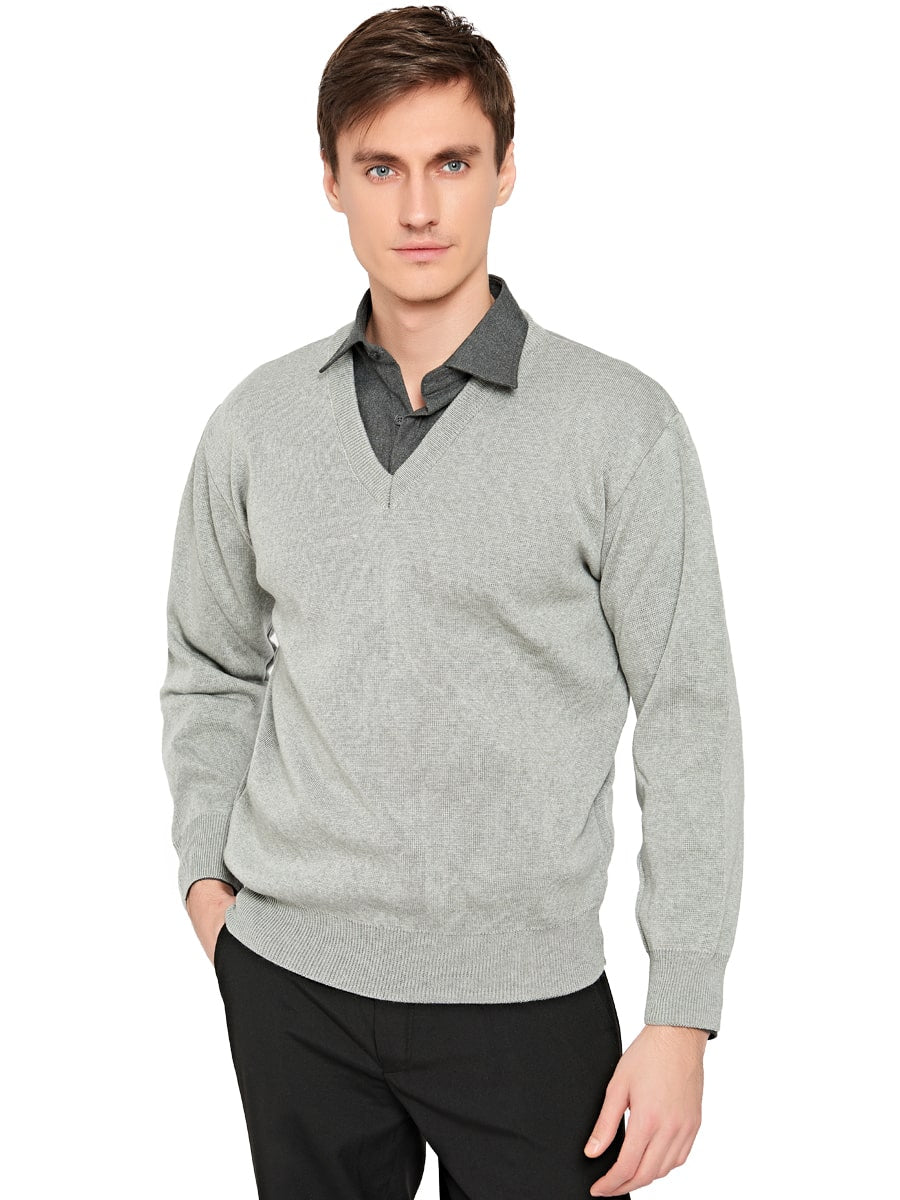 Grau melierter Pullover mit V-Ausschnitt und Kragenblende, lange Ärmel