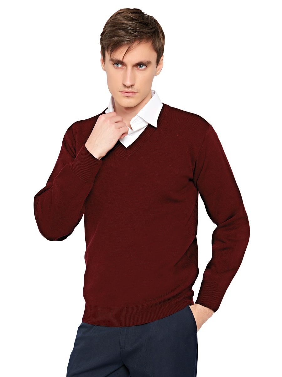 Bordeauxfarbener Pullover mit V-Ausschnitt und Hemdkragen