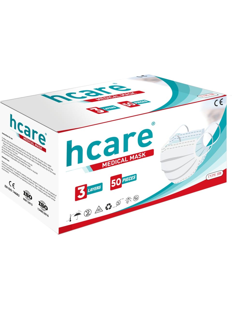 Verpackung für medizinische Masken hCare, blau-weiß bedruckte Kartonbox