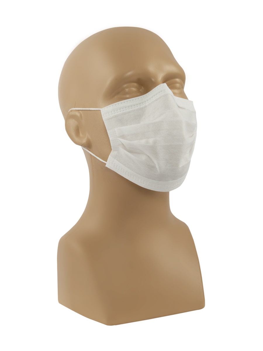 Weiße 3-lagige Gesichtsmaske mit Ohrschlaufen, seitlich auf Büste