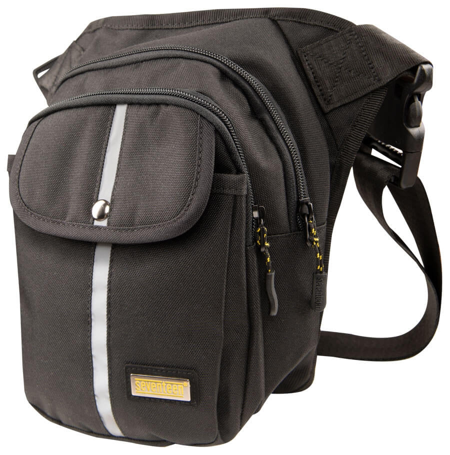 Gürteltasche dunkel, mit doppeltem Reißverschlussfach, breiten Trägern und reflektierendem Streifen