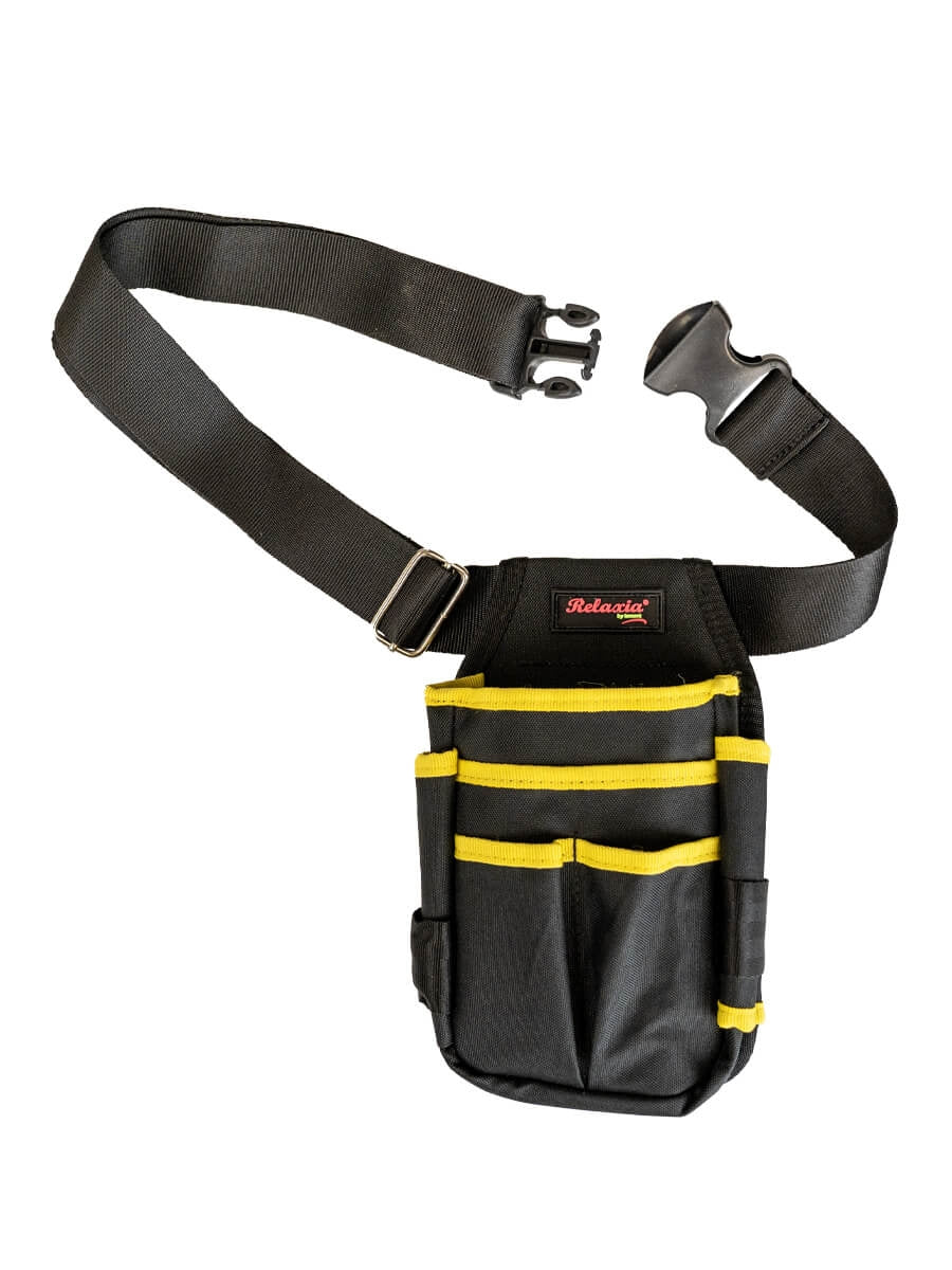 Schwarze Werkzeugtasche mit Tragegurt, gelben Taschen und Werkzeughaltern