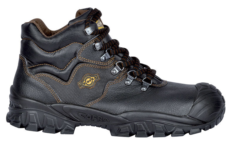 Schwarzer Schnürstiefel aus Leder mit gepolsterter Sohle und Schutzkappe, grobes Profil