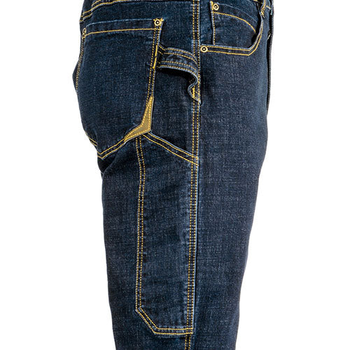 Jeanshose mit Cargo-Tasche vorn, dunkelblau, gelbe Kontraststeppung und Knopf