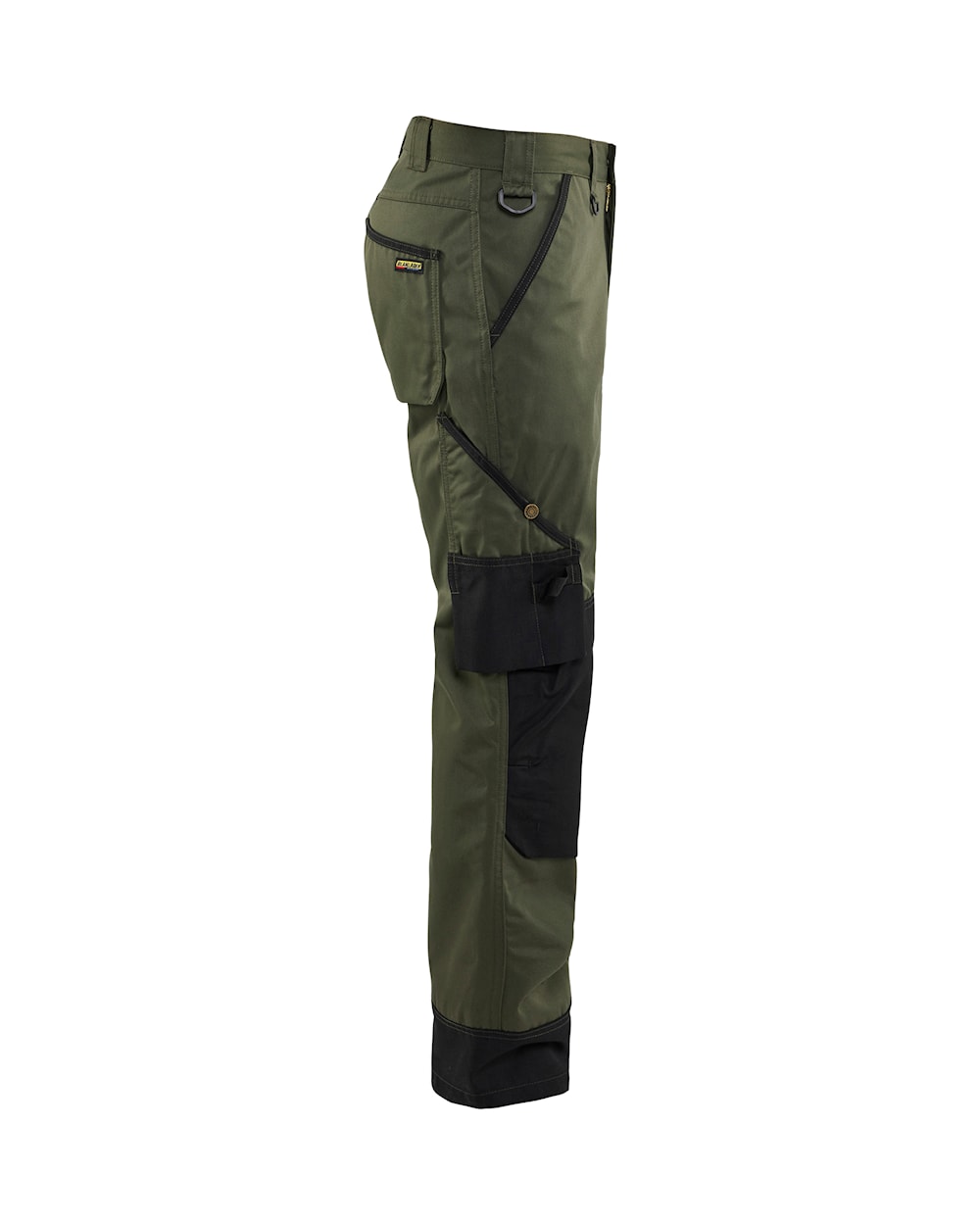 Garten-Arbeitshose Olivgrün/Schwarz im Seitenansicht mit Taschen und Knieschutz