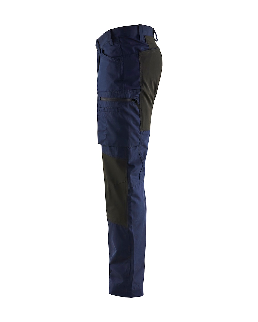 Stretch-Arbeitshose dunkelblau/dunkelgrau, Seitenansicht mit Taschen und Knieeinsatz