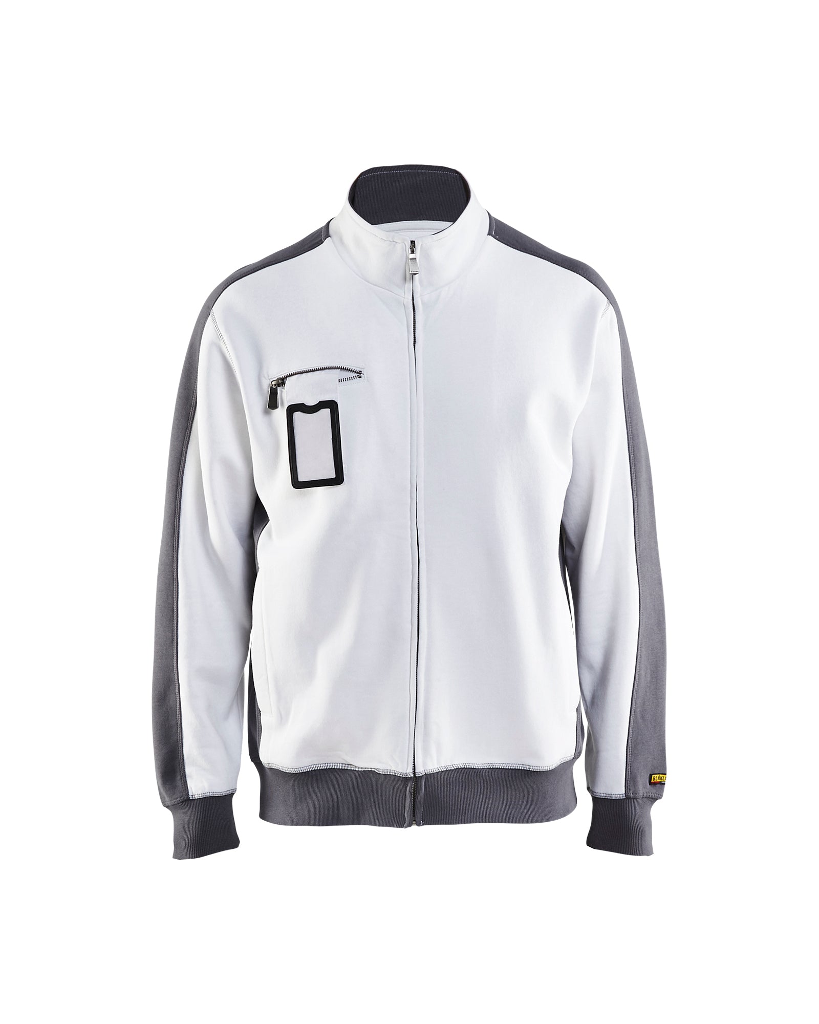 Weiße Pulloverjacke mit durchgehendem Reißverschluss, Stehkragen und grauen Ärmel- und Saumstreifen