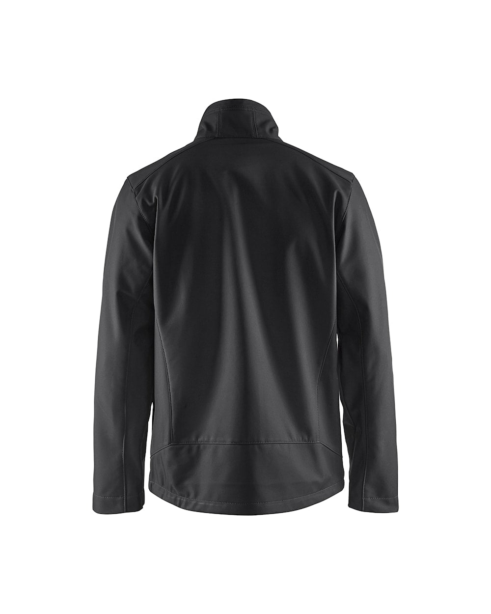 Schwarze Softshelljacke Rückansicht mit Stehkragen und durchgehendem Reißverschluss