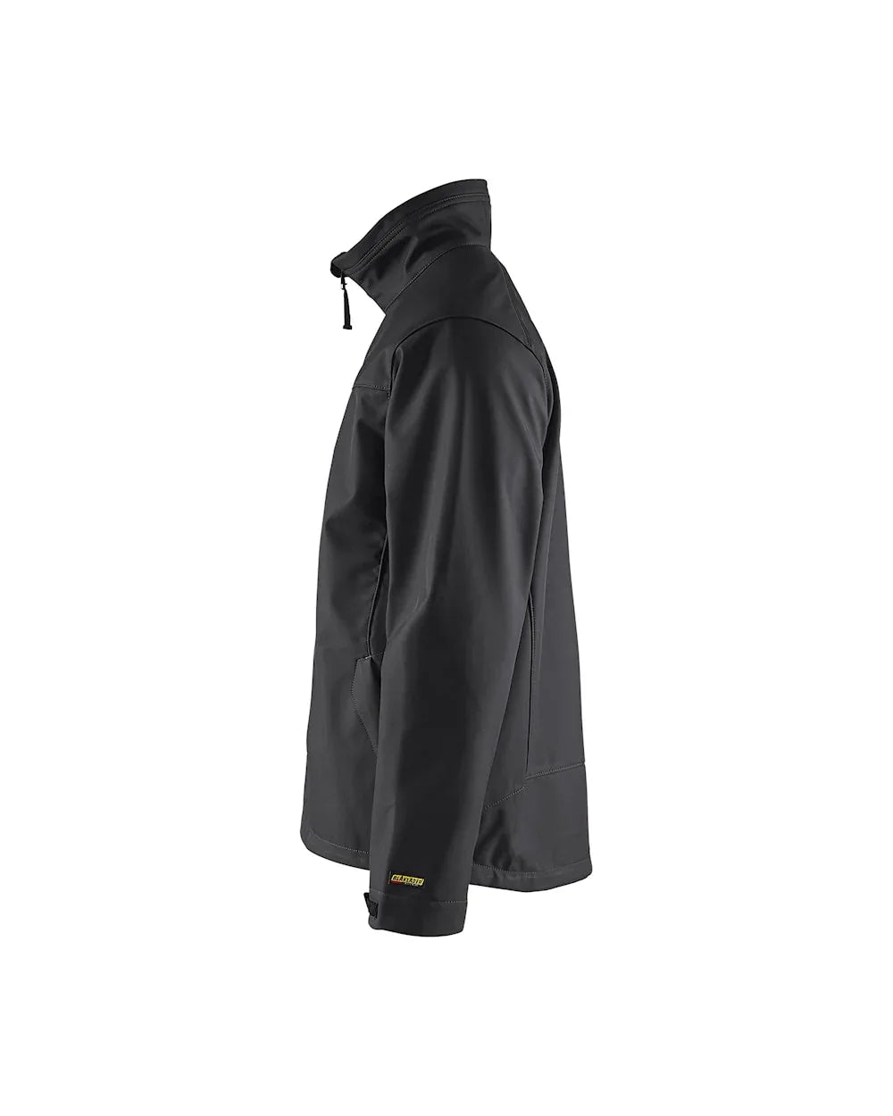 Softshelljacke seitliche Ansicht mit Kapuze und Ärmel-Logo, Schwarz