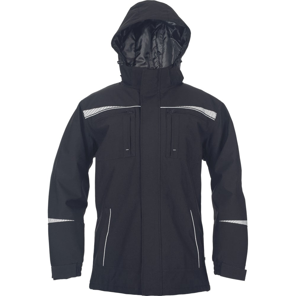 EMERTON STR Winterjacke schwarz, Kapuze hoch, Reißverschluss, Reflektorstreifen an Ärmeln
