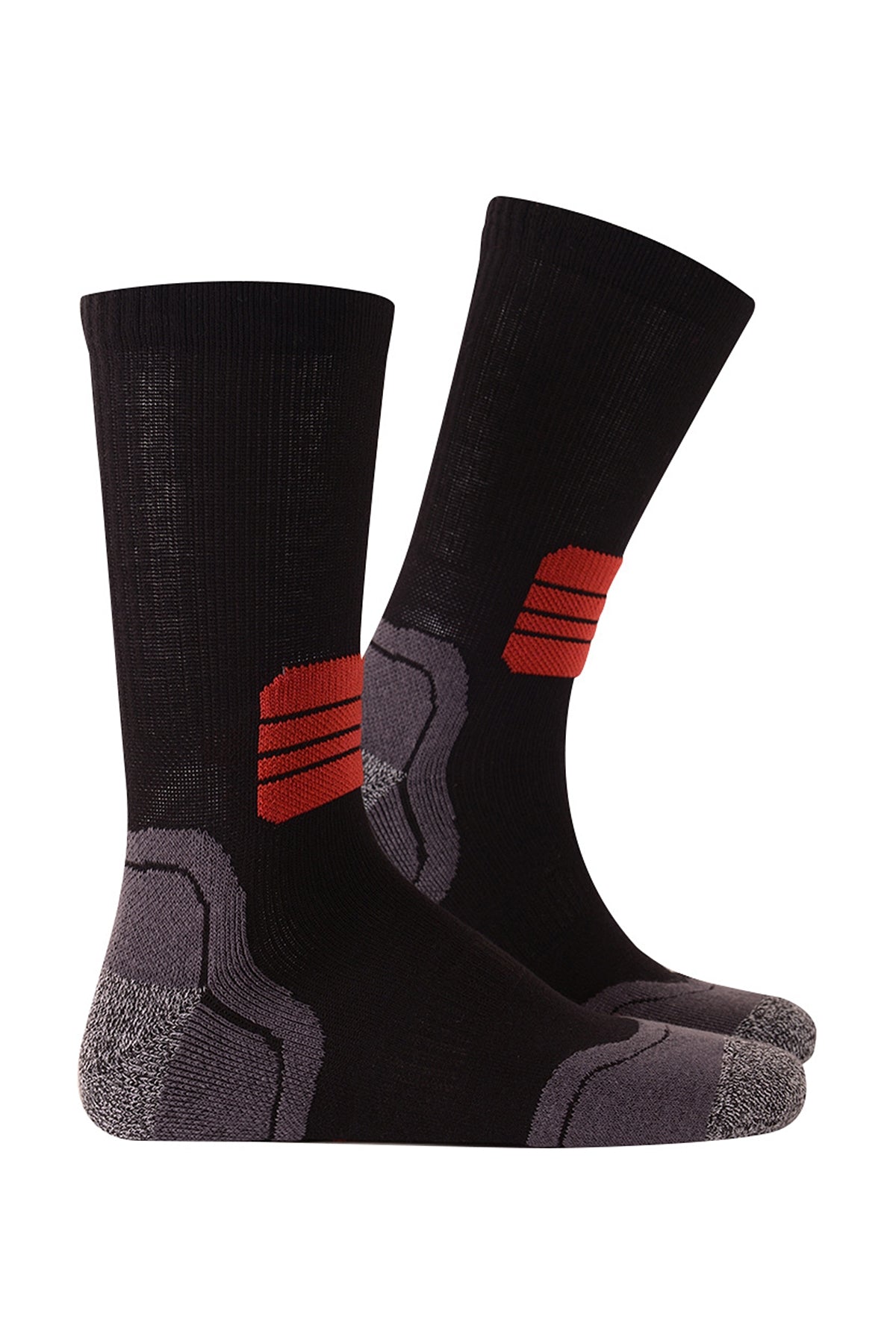 Laufsocken schwarz, mit grauen Polstern und roten Streifen am Bündchen