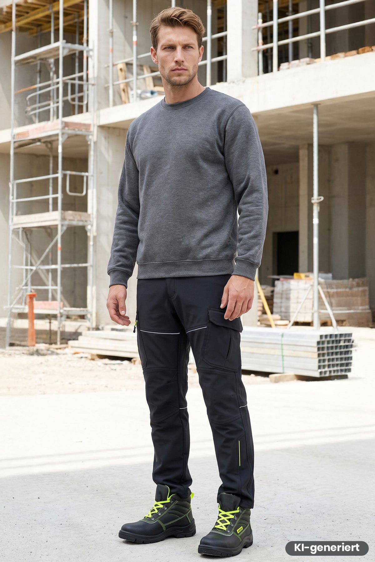 Dunkle Softshell-Bundhose mit langen Beinen und Cargo-Taschen, gelbe Zierkanten