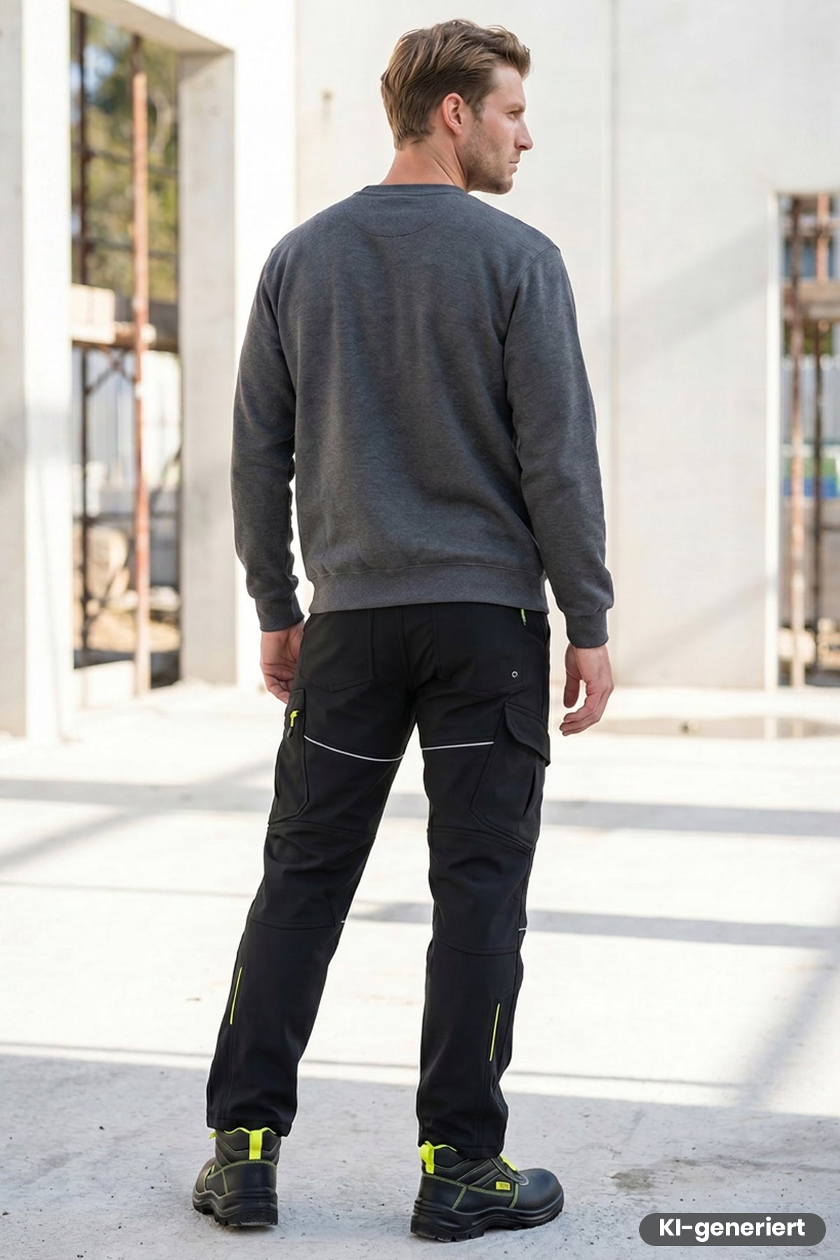 Dunkle Softshell-Bundhose mit Gesäß- und Bein-Cargo-Taschen, gelbe Akzente