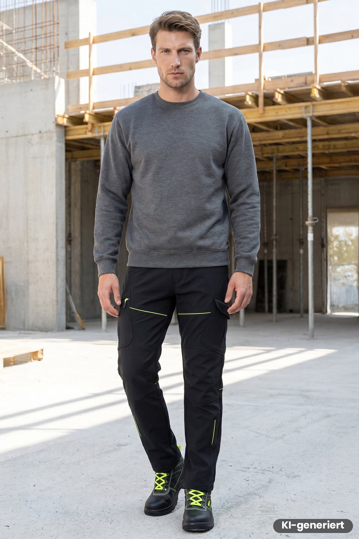 Dunkle Softshell-Bundhose mit schmalen Taschen und gelben Kontrastnähten an den Beinen