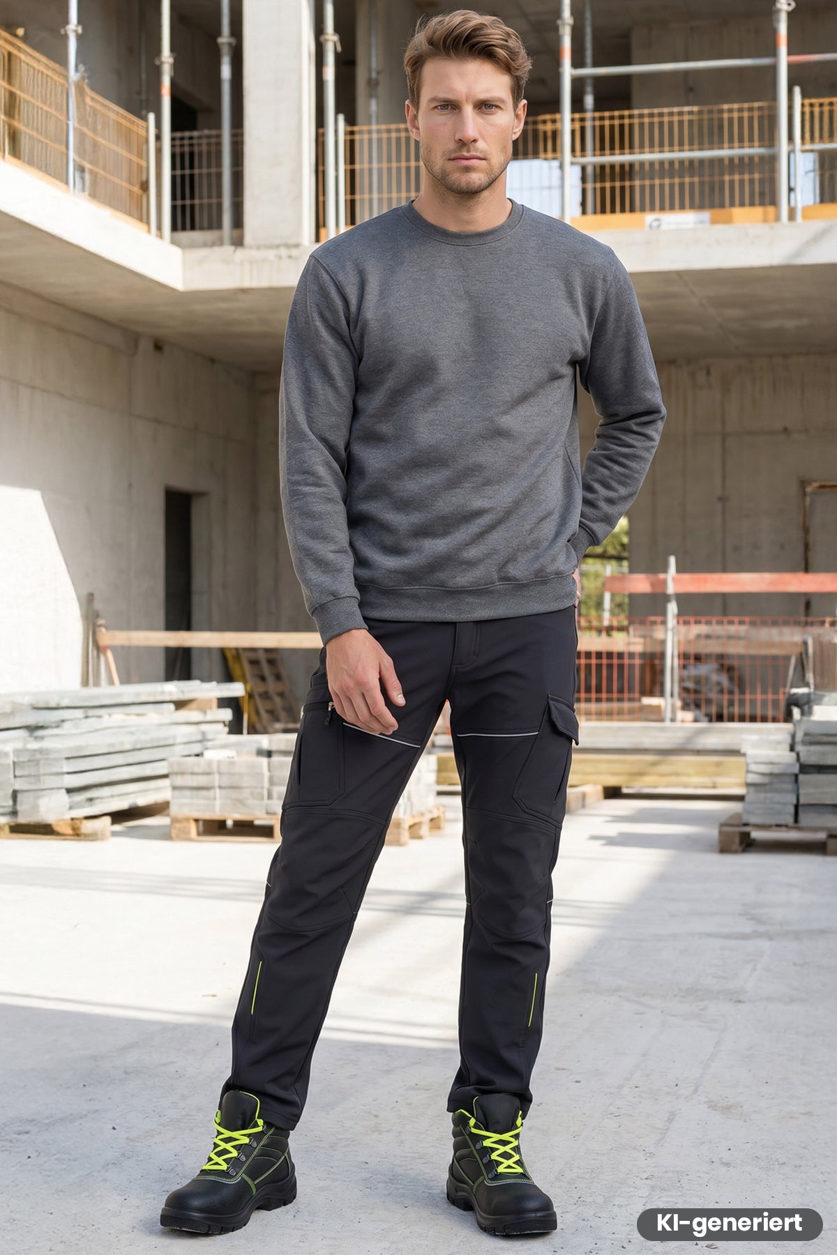 Dunkle Softshell-Bundhose mit langen Beinen, Knie-Cargo-Taschen und gelben Akzenten