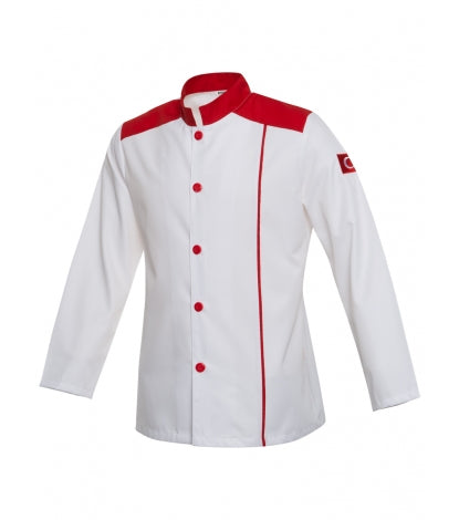 Chefkochjacke weiß/rot mit Stehkragen, Knopfleiste und rotem Logo-Patch am Ärmel