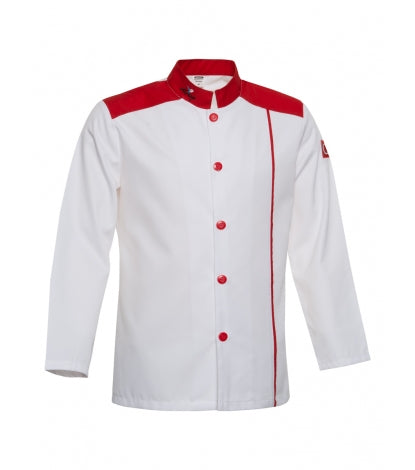 Chefkochjacke weiß mit rotem Stehkragen, Knopfleiste und rotem Ärmelband