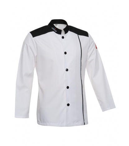 Kochjacke weiß mit schwarzen Schultereinsätzen, Knöpfen, Stehkragen und langen Ärmeln
