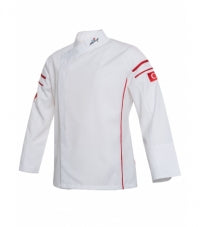 Chefkochjacke, weiß mit rotem Zierstreifen und Ärmelstickerei, langarm mit Knopfleiste