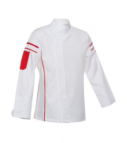 Chefkochjacke weiß mit rotem Zierstreifen, Stehkragen und Ärmelstickerei, langarm