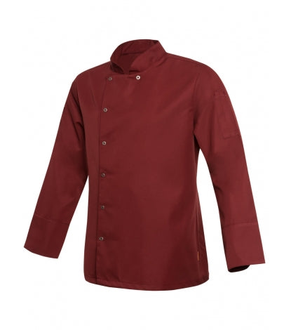 Bordeauxrote Chefkochjacke mit Druckknöpfen und kurzem Stehkragen, langarm