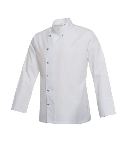 Klassische Herrenkochjacke mit Stehkragen, Knopfleiste und langen Ärmeln, weiß