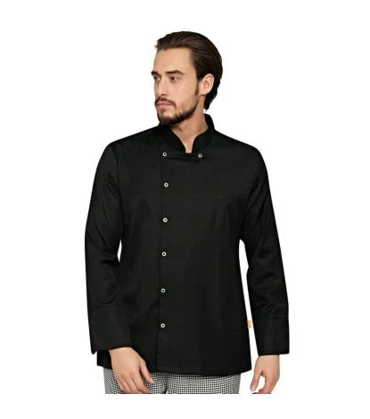 Herrenkochjacke mit Stehkragen, Knopfleiste und langen Ärmeln, schwarz