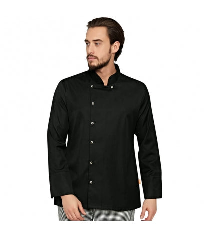 Schwarze Kochjacke mit Druckknopf-Verschluss, Stehkragen und langen Ärmeln