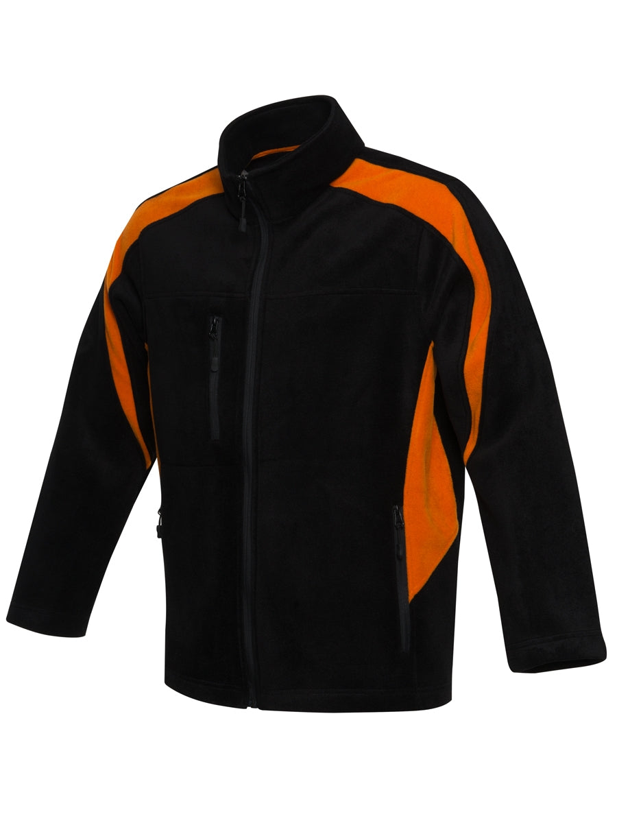 Fleecejacke schwarz mit orangefarbigen Einsätzen, Reißverschluss, Stehkragen