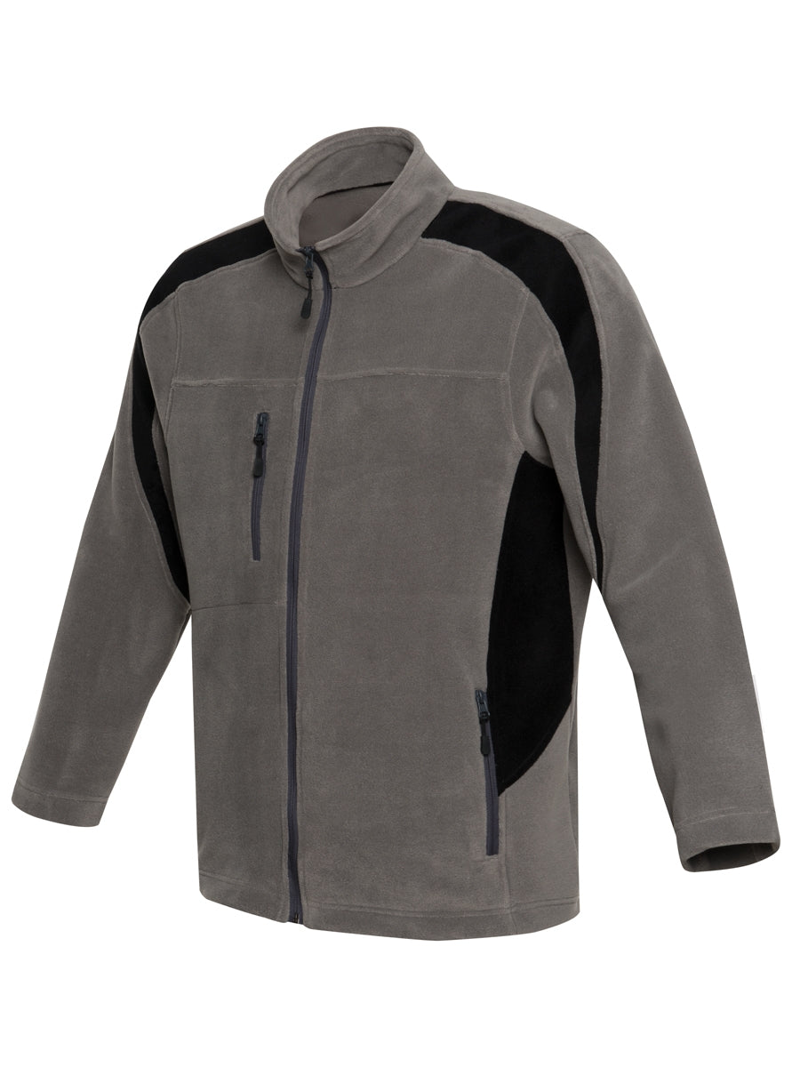 Fleecejacke mit Kapuze, Reißverschluss, grau mit schwarzen Seiten