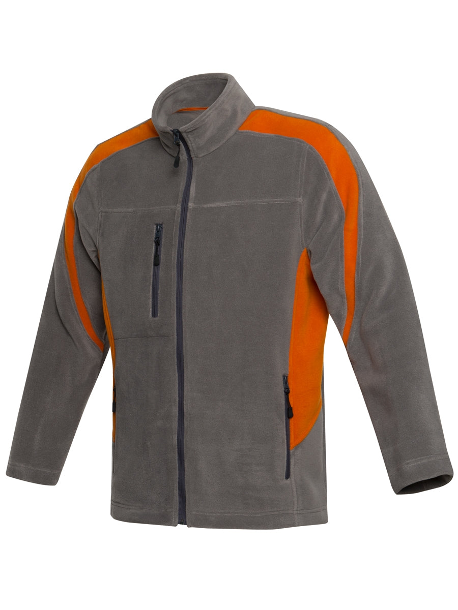 Fleecejacke grau mit orange Seiteneinsätzen, durchgehendem Reißverschluss, Stehkragen, Taschen