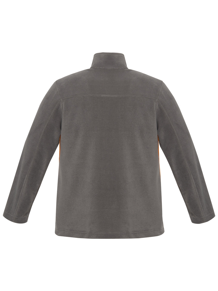 Fleecejacke grau mit Stehkragen, Rückenansicht, durchgehender Reißverschluss
