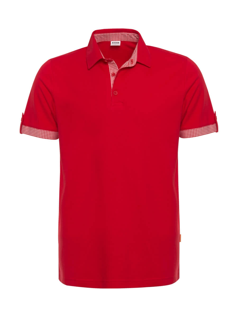 Rotes Poloshirt mit Knopfleiste und kariertem Ärmelbündchen