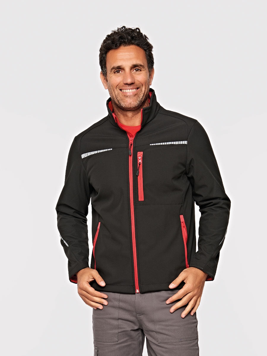 Softshell-Sportjacke schwarz mit rotem Reißverschluss und Stehkragen, vordere Taschen