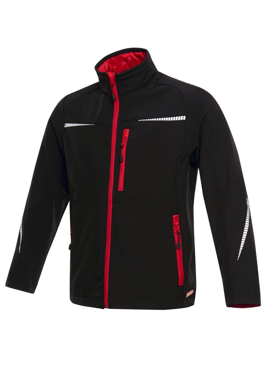 Softshell-Sportjacke schwarz mit rotem Reißverschluss, Kapuze und Ziernähten