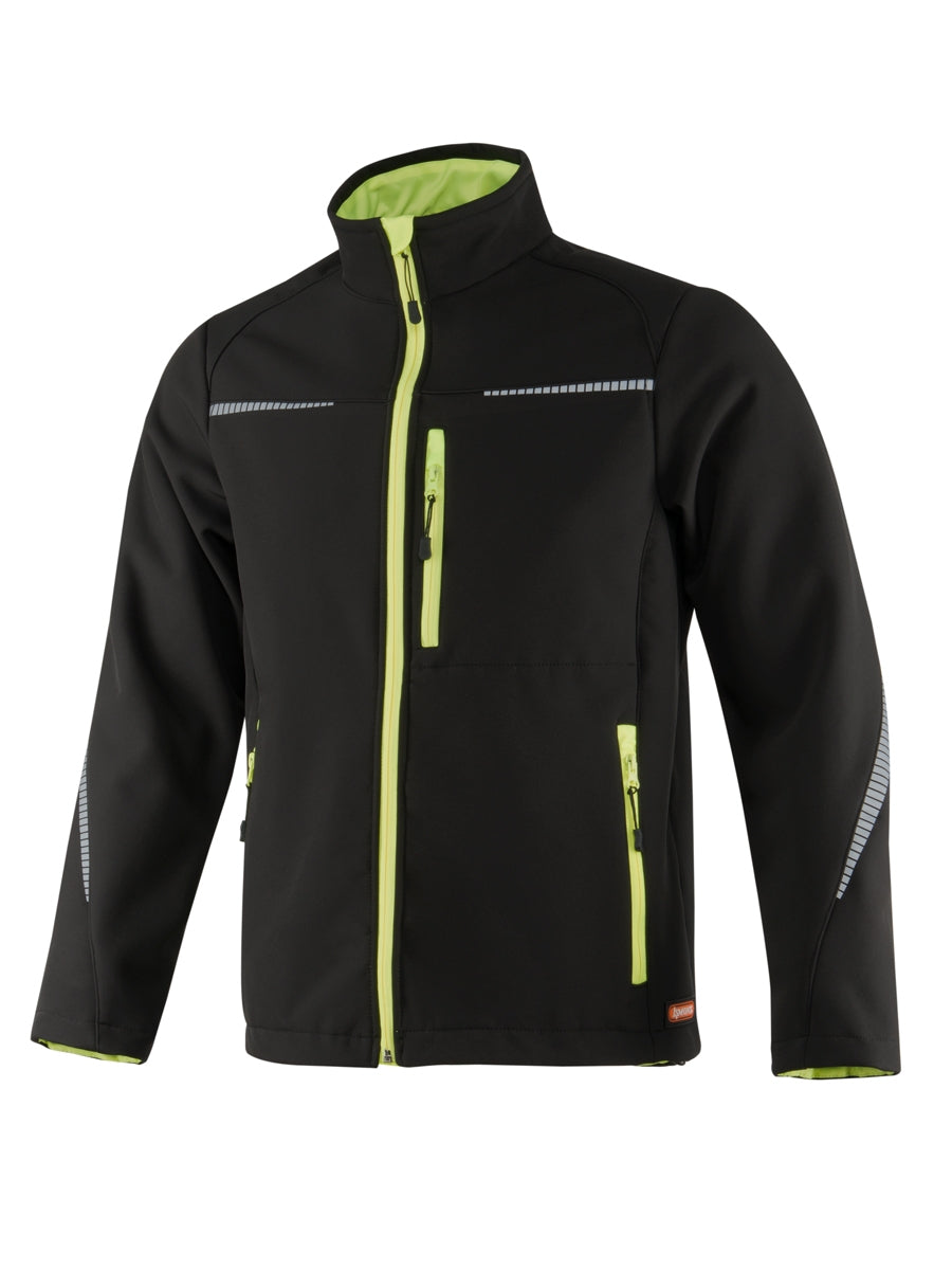 Schwarze Softshell-Sportjacke mit Neon-Gelb, durchgehendem Reißverschluss, Stehkragen