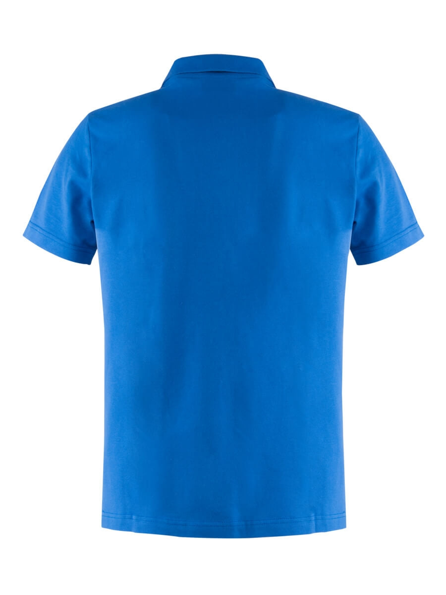 Blaues Herren-Poloshirt, Rückansicht mit kurzem Arm