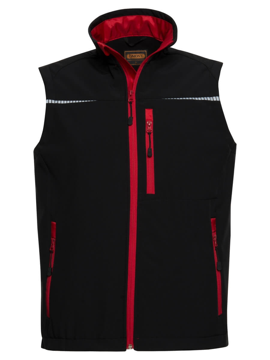 Softshell-Sportweste mit Stehkragen, Frontreißverschluss und roten Akzenten, schwarz/grau