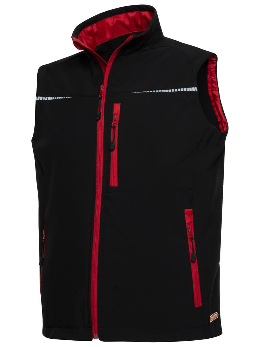 Softshell-Sportweste Vorderansicht: Stehkragen, durchgehender Reißverschluss, rote Details
