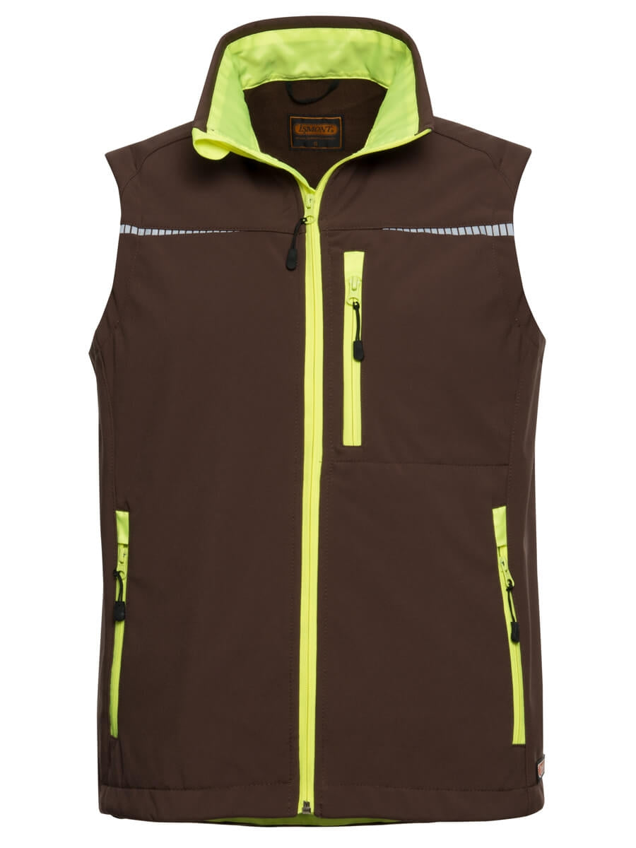 Braune Softshell-Sportweste mit Stehkragen, durchgehendem Reißverschluss und Brusttasche
