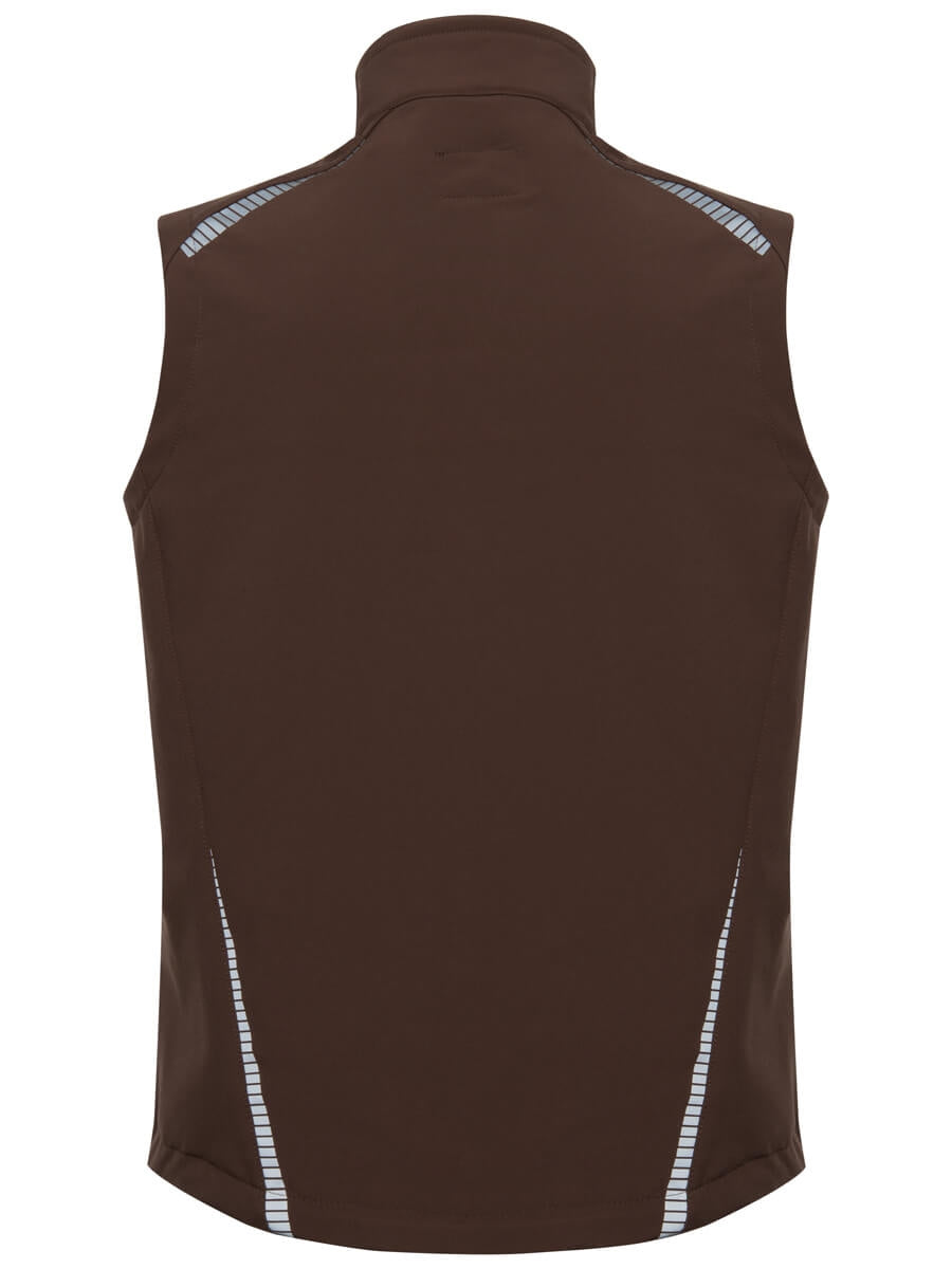 Braune Softshell-Sportweste von hinten, mit reflektierenden Seitenstreifen und Saumkanten