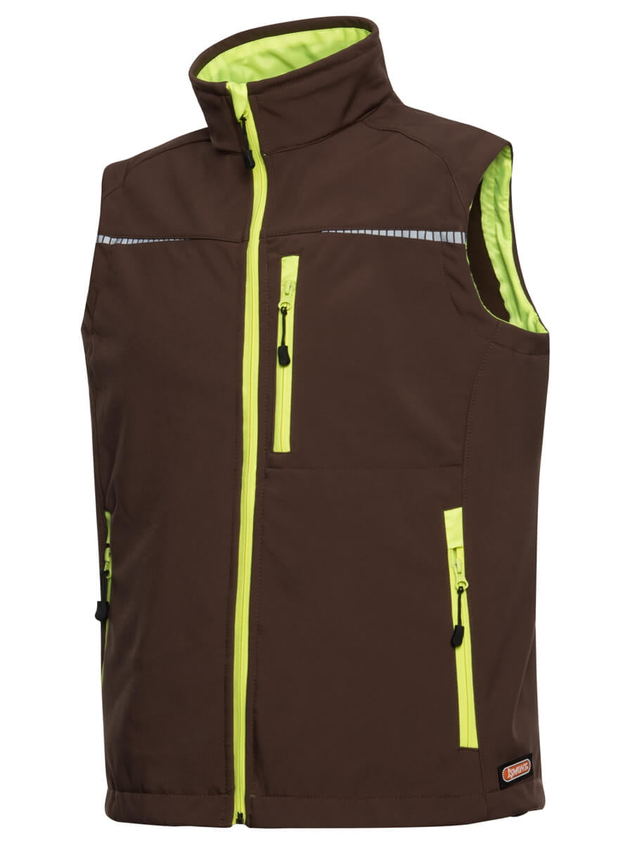 Braune Softshell-Sportweste mit Stehkragen, Neon-Grünem Innenfutter, Front- und Seitentaschen