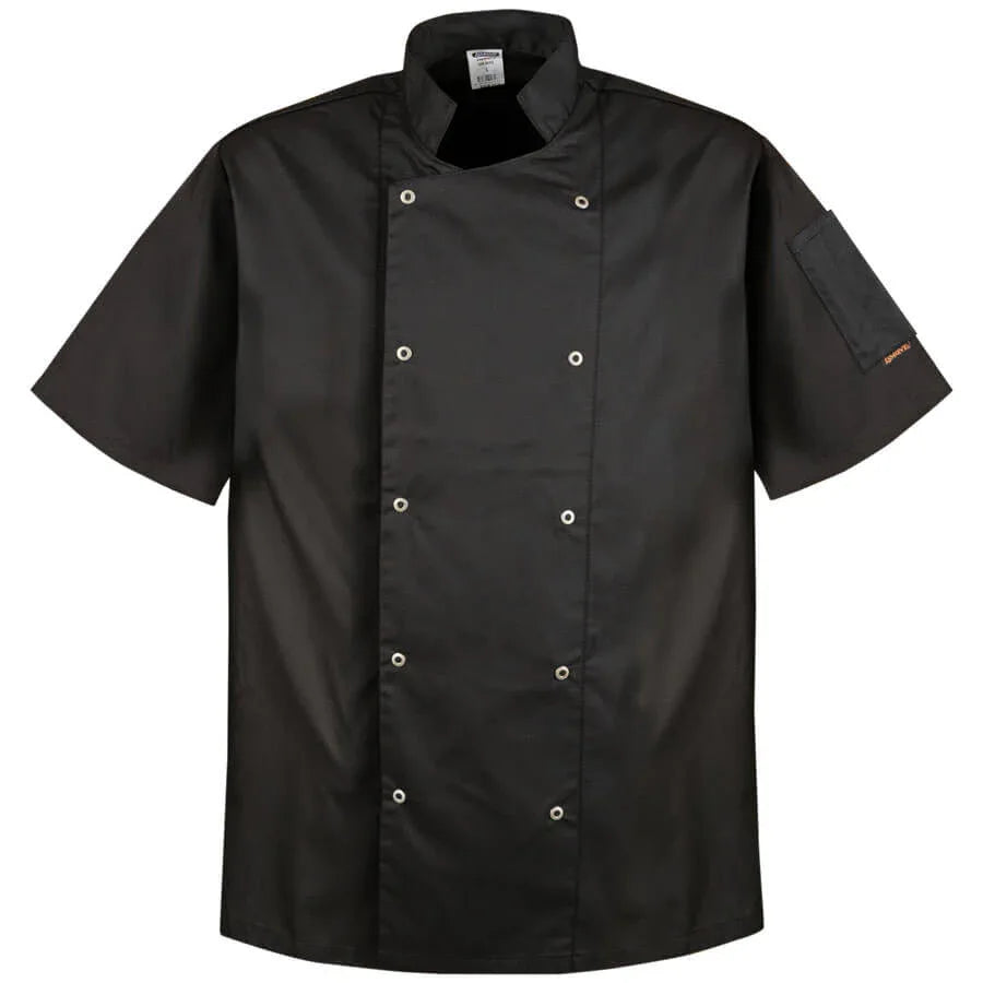 Kurzarm-Kochjacke mit Druckknöpfen in Schwarz, Stehkragen
