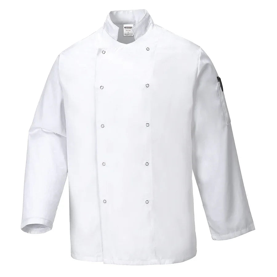 Weiße Kochjacke mit langen Ärmeln, Stehkragen und Druckknöpfen