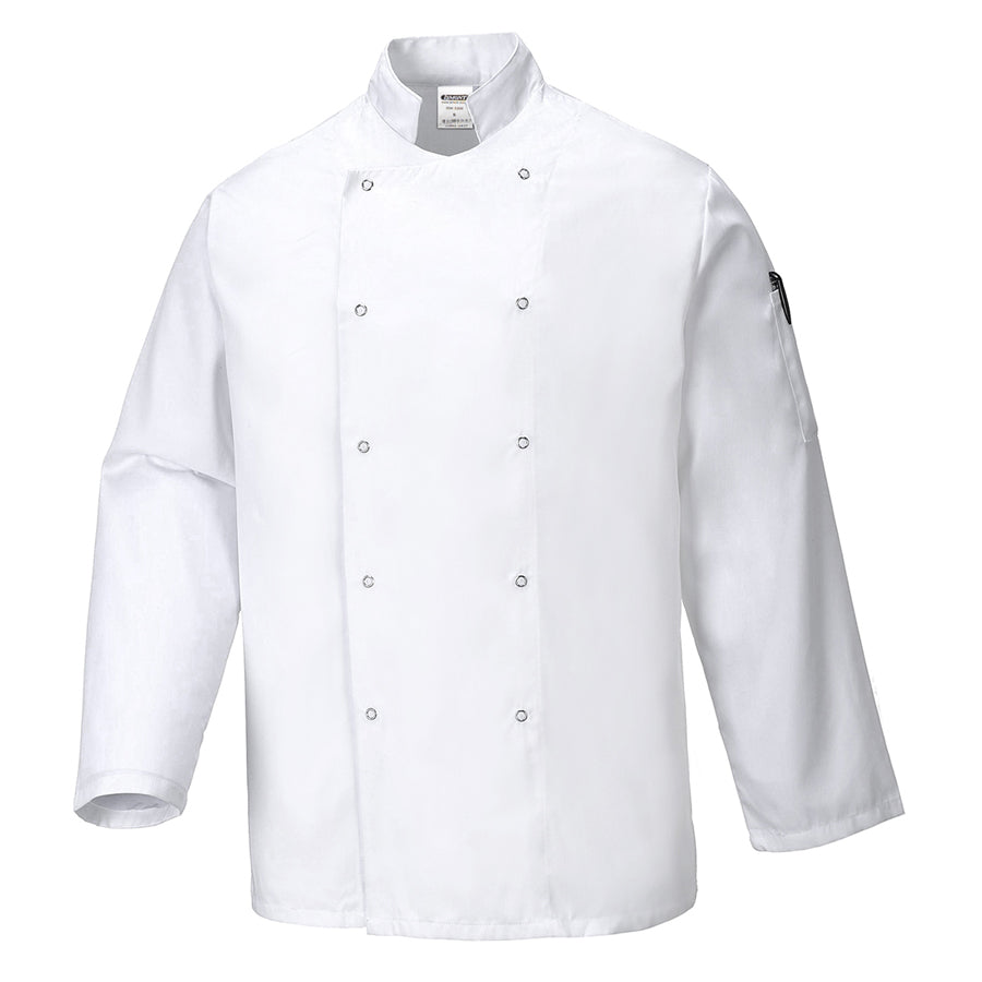 Kochjacke mit Stehkragen, langen Ärmeln und Druckknöpfen, weiß