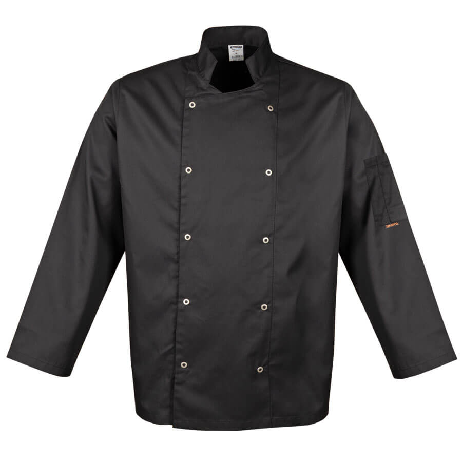 Kochjacke mit langen Ärmeln, schwarze Kochbekleidung, doppelte Knopfleiste