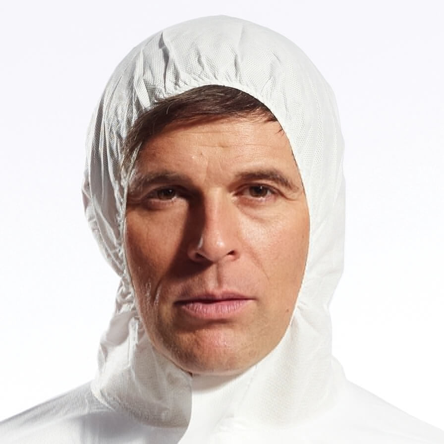 Einwegschutzoverall Typ 5/6 mit Kapuze, weißer Schutzanzug mit Öffnung für das Gesicht