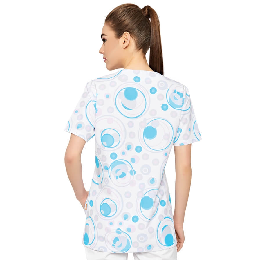 Rückansicht Schlupfkasack für Damen mit blau-weißem Kreis- und Tupfenmuster, kurze Ärmel.